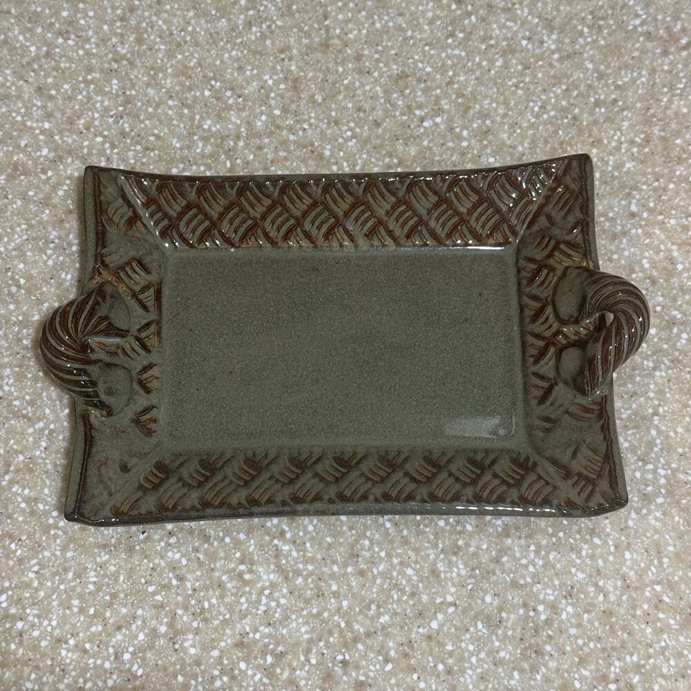 Thomas Pottery Basketweave Tray North Carolina Green Lead Free Handcrafted Dish
